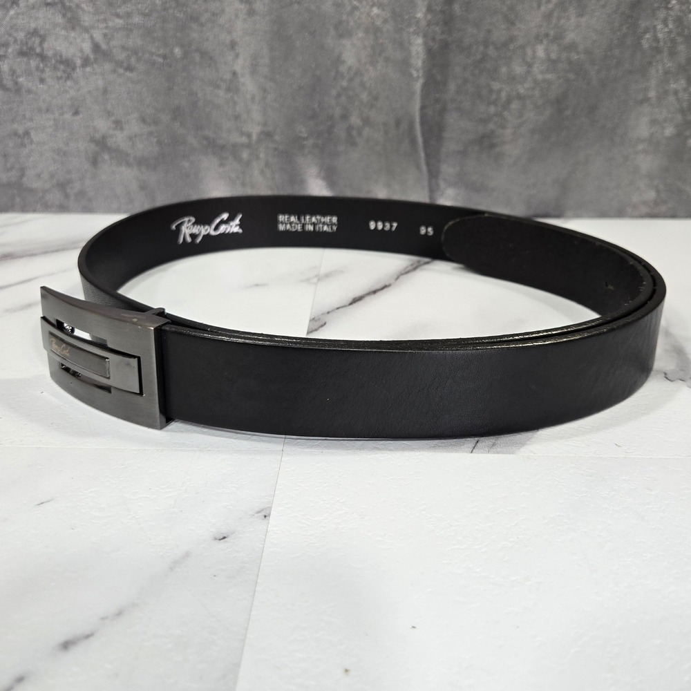 Renzo Costa Black Leather Belt Mens 40 Made in Italy Gunmetal Buckle Dress VTG